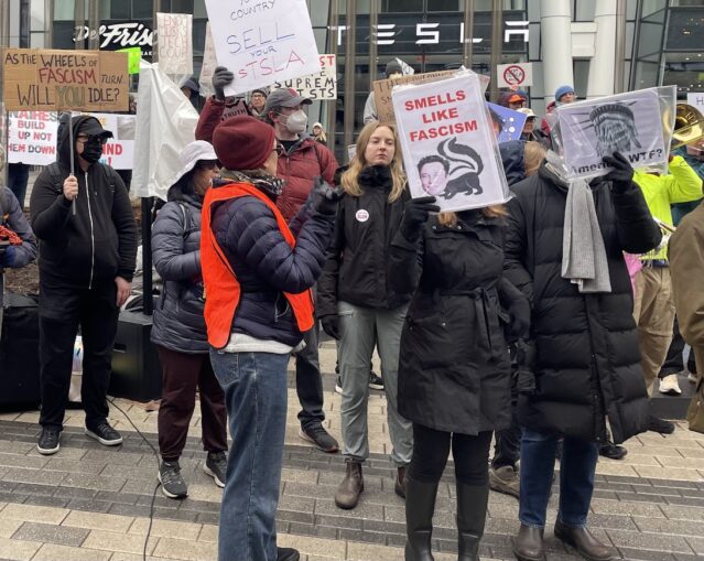 Tesla ‘smells like fascism’ at Boston takedown